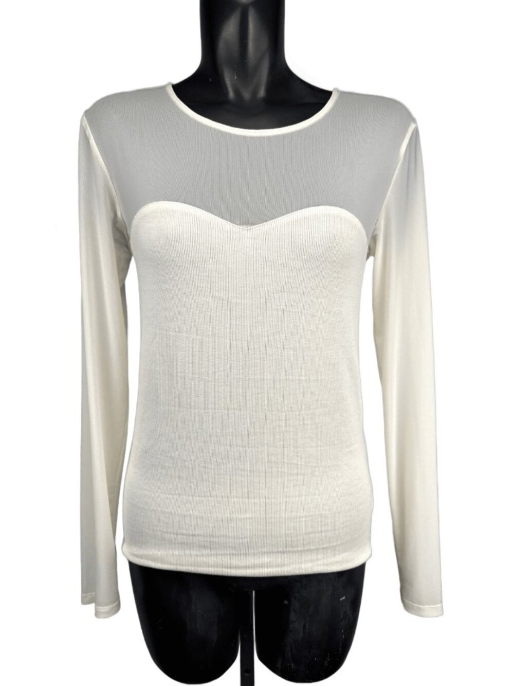 TRISTAN Stretch Knit‎ Sheer Mesh Lace Yoke Long Sleeve Top Ivory White Size L